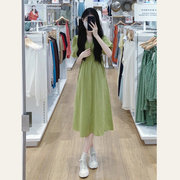 牛油果绿色连衣裙女夏季韩版法式泡泡，袖小清新v领收腰显瘦a字长裙