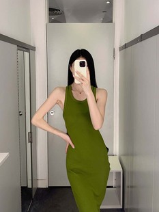 极简COS风修身版型圆领无袖罗纹长裙橄榄绿24夏季新通勤女连衣裙