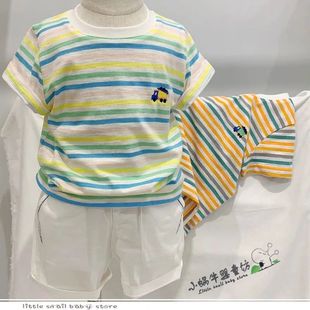男女宝宝中小童2024夏季韩版薄款条纹扎染，短袖t恤上衣亲子装