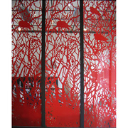 钢化艺术玻璃玄关双面隔断屏风透明亮底红色静谧手工雕欧式抽象树