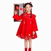 2024新年春款童装女童大红色长袖纱裙儿童女孩公主裙子汉服裙