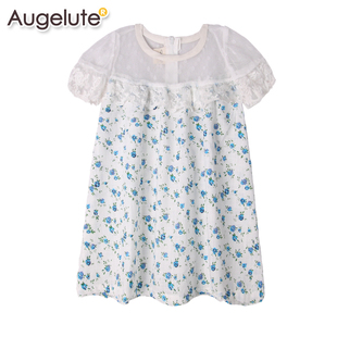 Augelute女童连衣裙童装夏季蕾丝拼接圆领小碎花洋装53009