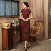 C0124复古性感红色蕾丝短袖旗袍长款 结婚敬酒服旗袍裙