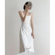 白色方领法式高级感吊带连衣裙女装夏季收腰显瘦气质温柔风长裙子