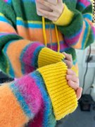 美式复古彩虹条纹针织毛衣开衫，女韩版甜酷多巴胺，拼色秋冬连帽外套