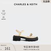 charles&keith春夏女鞋，ck1-70920097女士拼色链条饰粗跟露趾凉鞋
