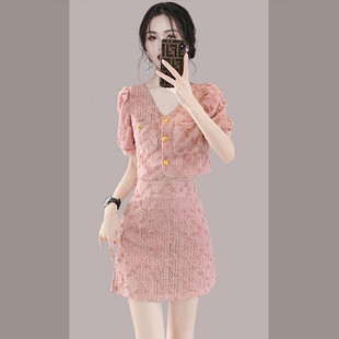 高级名媛小香风粉色蕾丝短款上衣半身裙套装小个子夏季两件套