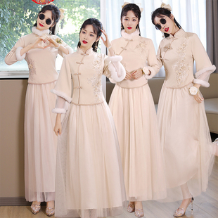 中式伴娘服2023冬季中国风，新娘结婚伴娘，团姐妹裙加绒加厚礼服