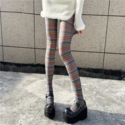 辣妹黑丝个性彩虹丝袜女小众设计感彩色条纹连裤袜秋冬性感打底袜