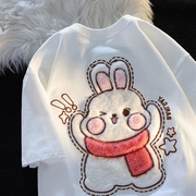 大码300斤小兔短袖T恤男女装夏季设计感小众毛绒绒3D立体绣花情侣