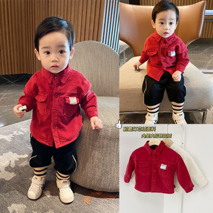 男童加绒长袖衬衫新年拜年服儿童宝宝，韩版新潮洋气灯芯绒衬衣上衣