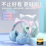 头戴式猫耳朵耳机无线蓝牙耳麦，女生游戏降噪电脑儿童带麦高颜值粉