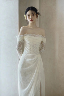 梵娜仙衣一字肩蕾丝法式轻婚纱礼服2024高级感出门纱迎宾纱