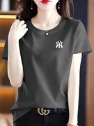 韩版纯棉短袖t恤女灰色半袖，2023夏季宽松圆领，上衣纯色打底衫