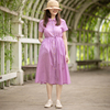 （薇）西河自制原创设计轻薄棉麻彼得潘领紫薇小格子短袖连衣裙夏