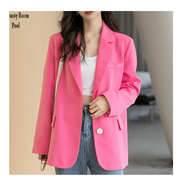 粉色宽松外套长袖小西装中长款纯色休闲亮色显白网红西服春秋款薄