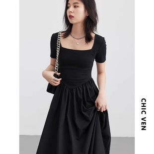 chicven「夏日度假」韩系气质，套头收腰黑色，长裙连衣裙闺蜜装