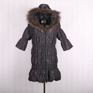 冬季时尚貉子毛领连帽拉链，七分袖中长款直筒，松紧弹性棉衣棉服女装