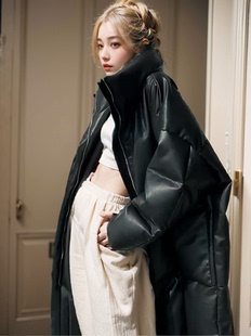 黑色棉服女秋冬季中长款2024年时尚高级韩版宽松pu皮棉衣外套