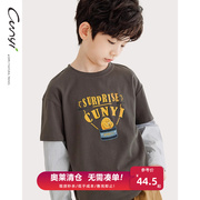 纯一良品童装男童长袖T恤秋装中大童假两件字母印花条纹袖