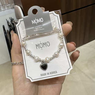 441718韩国东大门momo通体纯银爱心吊坠天然珍珠手链