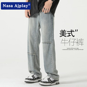NASA联名夏天乞丐补丁牛仔裤子男夏季潮流ins美式高街直筒阔腿裤