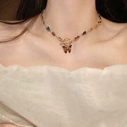 彩色水晶蝴蝶项链女法式复古轻奢锁骨链颈链气质甜酷高级感项饰品