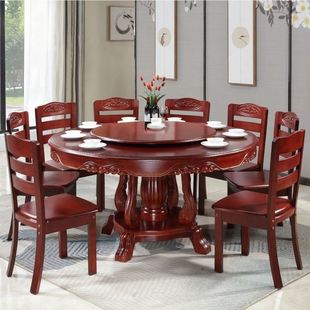新中式实木餐桌椅组合圆形家用10人饭桌带转盘橡木大圆桌雕花吃饭