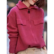 玫红色polo领毛衣开衫，女秋冬2023韩版气质，慵懒风拉链针织外套