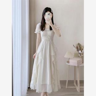 茶歇法式温柔风收腰气质高级感白色连衣裙仙女夏季超仙公主长裙子