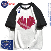 NASA联名短袖T恤男插肩拼接夏季五分袖宽松韩版打底内搭印花大码