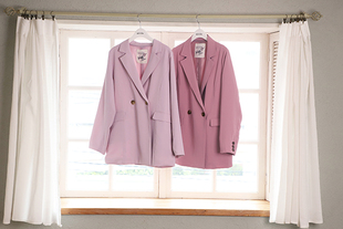 日系纯色两粒扣甜美粉色中长款宽松百搭休闲多风格西装外套