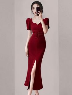 法式红色缎面短袖开叉，新娘结婚敬酒黑色，宴会气质显瘦晚礼服连衣裙
