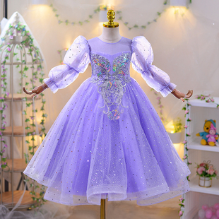 公主裙女童连衣裙夏装儿童，生日礼服洋气，蓬蓬纱裙童装紫色爱莎裙子