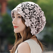 花朵帽子女士春夏季薄款遮白发，帽子镂空透气堆堆，帽洋气蕾丝包头帽(包头帽)