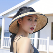 欧美风格女夏天法式复古赫本优雅麦秆大檐空顶草帽遮阳度假沙滩帽