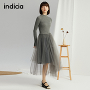 indicia连衣裙针织拼接网纱假两件修身灰色，秋季时尚女装