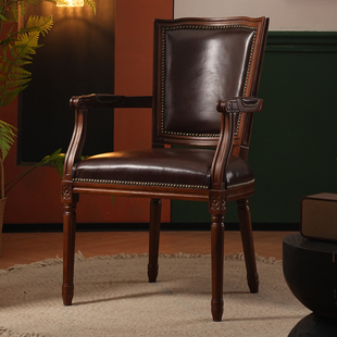 美式实木真皮餐椅复古做旧橡木，靠背椅咖啡餐厅酒店家用原木书桌椅