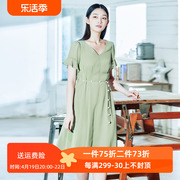emoo杨门夏季短袖连衣裙，v领雪纺裙纯色，中长裙套头绿色收腰裙子