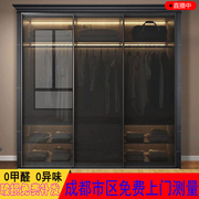 黑色钢化透明玻璃门衣柜，推拉门茶色壁柜门，定制极窄简移门衣橱滑动