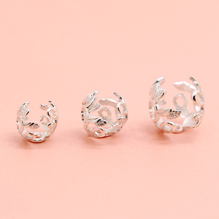 S925纯银花边形包珠可放珠子隔珠DIY穿珠材料镂空花托叶子立体托