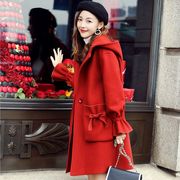 早春高级感大衣外套女毛呢，外套中长款大红色连帽呢子大衣过年圣诞