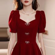 2024夏季蝴蝶结红色，连衣裙女棉质显瘦小个子短袖，时尚大码长裙