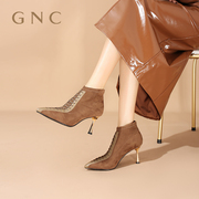GNC高跟时尚短靴女2023冬尖头细跟真皮新中式风系带新潮短靴