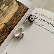 欧美宫廷风925纯银方形滴釉珍珠，花朵戒指复古时尚，开口气质戒指环