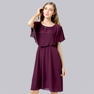 法式大码轻薄紫色雪纺a字直筒，连衣裙欧洲站荷叶，边袖夏季女装胖mm