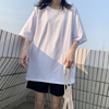 韩版白色短袖t恤女半袖纯棉宽松遮肉五分袖中长款开叉上衣打底衫