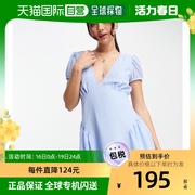 香港直邮潮奢asos女士，设计短袖v领雪纺迷你矢车菊蓝蓝色连衣裙