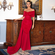 外贸欧美优雅红色缎面，一字领气质名媛，短袖长款高级裹胸晚礼服