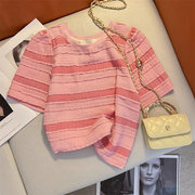 粉色短袖t恤女夏季薄款2024宽松短款小个子条纹半袖体恤上衣
